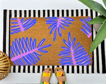 Boho Fern Coir Doormat, colorful boho plant welcome mat, botanical front porch decor, outdoor entryway gift