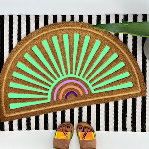 Colorful and vibrant boho sun coir doormat, colorful boho decor for your front porch entry, unique and custom welcome mat for your home