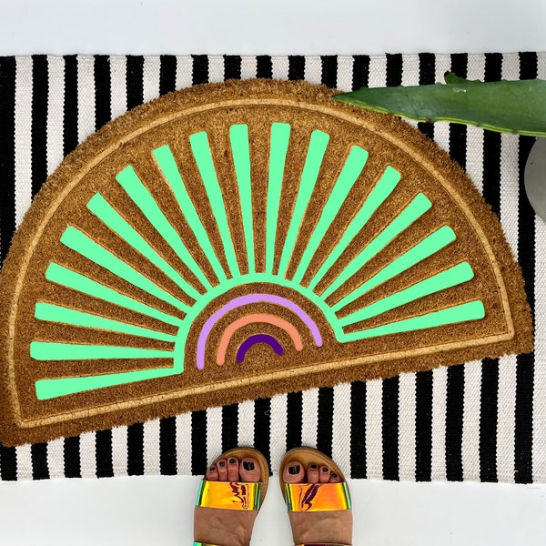 Colorful and vibrant boho sun coir doormat, colorful boho decor for your front porch entry, unique and custom welcome mat for your home