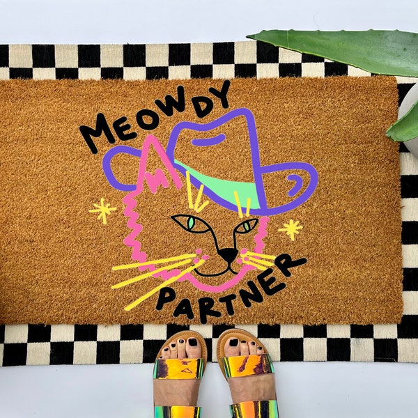 Western cat Meowdy Doormat, colorful boho decor for your front porch entry, unique and custom welcome mat for your home