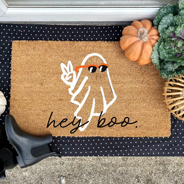 Hey boo ghost doormat, welcome mat, custom doormat, funny doormat, fall doormat, door mat, boho decor, ghost, fall decor, halloween, boo