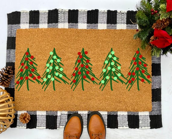 Christmas tree coir doormat, holiday welcome mat, festive winter front porch and entryway decor