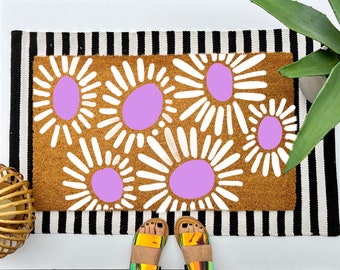 Retro flowers coir doormat, colorful boho decor for your front porch entry, unique and custom welcome mat for your home