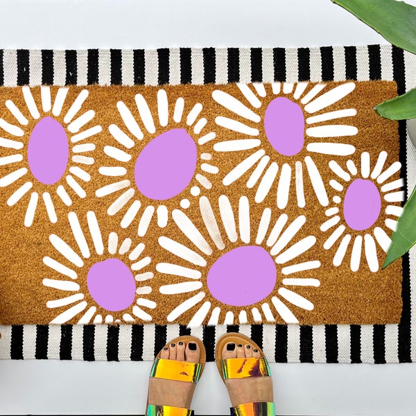 Retro flowers coir doormat, colorful boho decor for your front porch entry, unique and custom welcome mat for your home