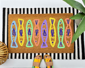 Fish Coir Doormat, colorful nautical welcome mat, coastal beach or lake home decor, fishing entryway gift