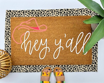 Western Hey Y'all coir doormat, colorful boho decor for your front porch entry, unique and custom welcome mat for your home