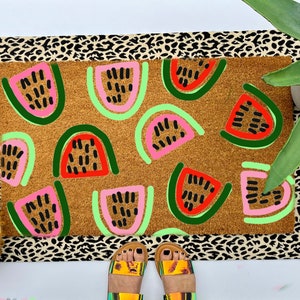 Watermelon coir doormat, colorful boho decor for your front porch entry, unique and custom welcome mat for your home