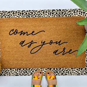 Come as you are coir doormat, colorful boho decor for your front porch entry, unique and custom welcome mat for your home