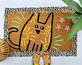 Whimsical Cat Coir Doormat, colorful pet welcome mat for front porch decor