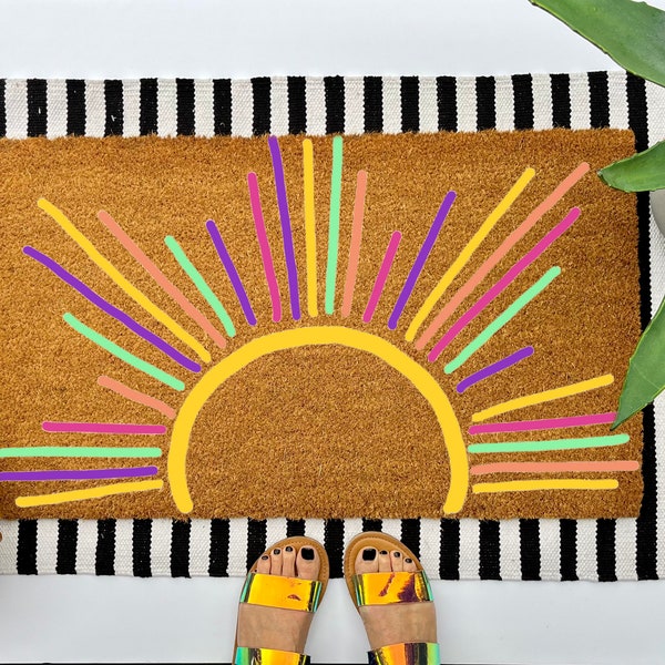 Colorful sun coir doormat, boho decor for your front porch entry, unique and custom welcome mat for your home