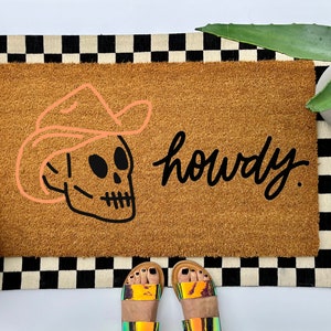 Western skull Howdy Doormat, colorful boho decor for your front porch entry, unique and custom welcome mat for your home