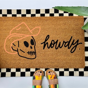 Western skull Howdy Doormat, colorful boho decor for your front porch entry, unique and custom welcome mat for your home