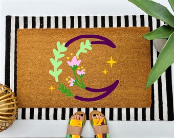 Mystic Moon coir doormat, colorful boho welcome mat, celestial eclectic front porch and entryway decor