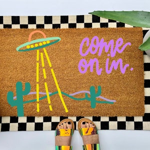 UFO coir doormat, colorful boho decor for your front porch entry, unique and custom welcome mat for your home