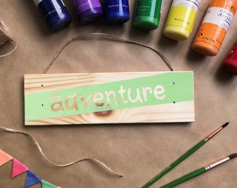 Adventure Sign - Small Hanging Sign - Bright Decor - Playroom Sign - Scandi Nursery - Hand Painted - Reclaimed Wood - Wanderlust Gift - Walk