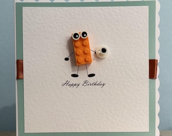 Birthday Card, Handmade, With Quirky Lego Inspired  mobile phone, gift, cup of tea, balloon or cupcake design