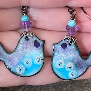 Enameled Copper Bird Earrings: Handmade Artisan Dangle Jewelry