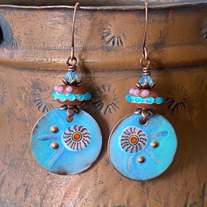 Enameled Copper Lampwork Earrings: Artisan Floral Charm, Boho Style