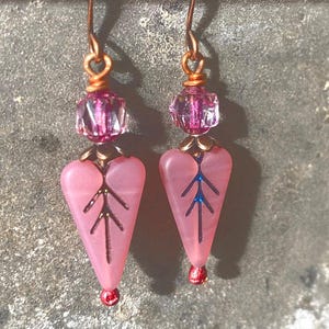Handmade Pink Czech Glass Heart Earrings, Hand Crafted Heart or Leaf Charms, Boho Chic Lightweight Dangle Trendy Earrings, Spring Jewelry