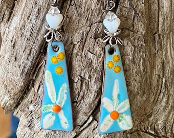 Enameled Copper Daisy Earrings- Blue And White Boho Floral Dangles