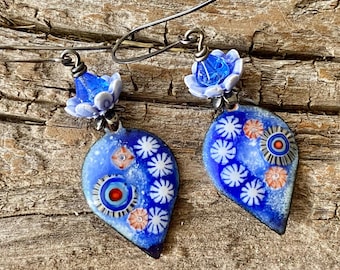 Blue Enameled Copper Earrings, Copper Floral Dangles, Artisan Boho Jewelry