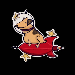 May include: A cartoon dog wearing a space helmet is riding on a red rocket ship with a yellow flame. The dog is brown with black spots and has a pink tongue sticking out. There are yellow stars in the background.