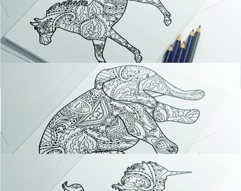 Animal Coloring Page Elephant Horse Unicorn Pages Instant Download Digital