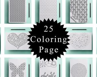 livro de colorir digital para adultos, livro de colorir para imprimir, pacote de colorir, conjunto de colorir simples e floral para download, corações e padrões