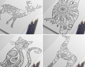 Animal Coloring Pages for Adults, Owl Drawing, Cat to Color, Giraffe For Coloring, Deer Mandala Colouring, Mindfulness Download