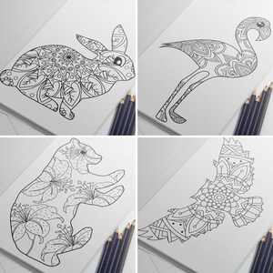 Livre de coloriage Cartes postales d'animaux et d'oiseaux, coloriage de hibou, coloriage imprimable de flamant rose, coloriage d'animal sauvage d'ours, lapin Mandala Carte postale