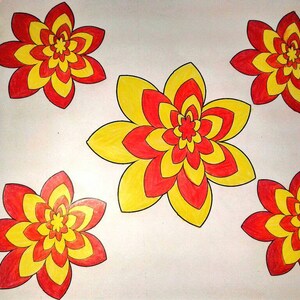 May include: Hand-drawn illustration of five stylized flowers. Each flower features a layered design with red, yellow, and orange hues. The flowers are arranged on a white background, with a few colored pencils visible in the upper left corner.