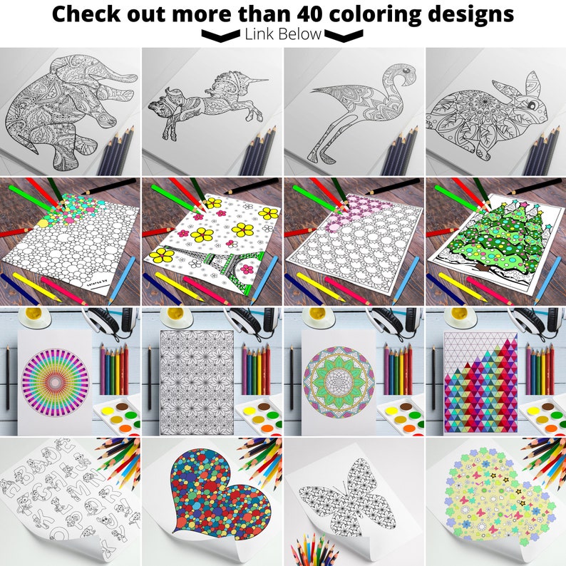 Pode incluir: Uma cole&ccedil;&atilde;o de p&aacute;ginas para colorir com v&aacute;rios desenhos, incluindo animais, mandalas e padr&otilde;es geom&eacute;tricos. A imagem tamb&eacute;m inclui l&aacute;pis de cor, paletas de aquarela e o texto "Check out more than 40 coloring designs".