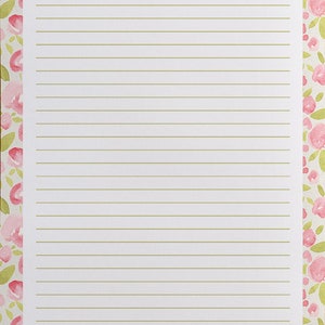 May include: Lined stationery paper with a floral border. The paper has a white background with horizontal gold lines for writing. The border features pink watercolor roses and green leaves on a cream background.