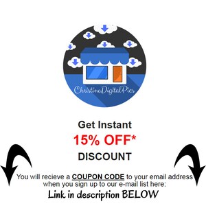 Pode incluir: Logotipo circular com uma loja azul, um toldo azul, uma porta laranja e nuvens. O texto inclui "Christine Digital Pics", "Obtenha 15% de DESCONTO instant&acirc;neo" e um apelo &agrave; a&ccedil;&atilde;o para se inscrever num c&oacute;digo de cup&atilde;o.