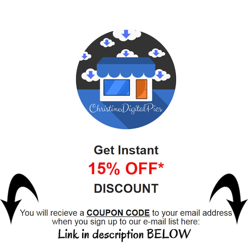 Pode incluir: Logotipo circular com uma loja azul, um toldo azul, uma porta laranja e nuvens. O texto inclui "Christine Digital Pics", "Obtenha 15% de DESCONTO instant&acirc;neo" e um apelo &agrave; a&ccedil;&atilde;o para se inscrever num c&oacute;digo de cup&atilde;o.