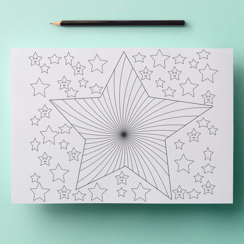 May include: A black and white star-themed coloring page with a large star in the center and smaller stars surrounding it. The large star has a spiral design. A black pencil rests at the top of the page. The coloring page is on a light blue background.