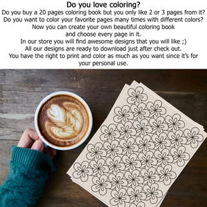 May include: A cup of coffee with latte art next to a stack of coloring pages with a floral pattern. The text on the image reads, "Do you love coloring?" and describes a downloadable coloring book.