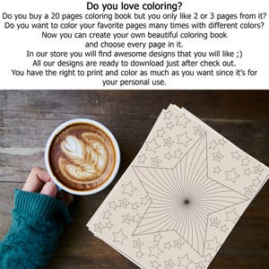 May include: A stack of coloring book pages with a star design, next to a cup of coffee with latte art. The text on the image reads, "Do you love coloring?" and describes the benefits of a downloadable coloring book.