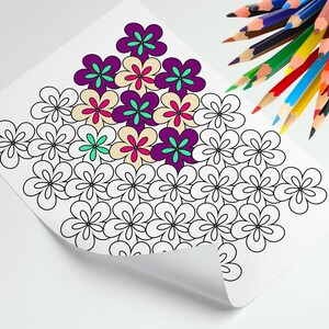 May include: A partially colored floral coloring page with a variety of colored pencils. The flowers are colored in shades of purple, pink, green, and beige. The uncolored flowers are outlined in black.