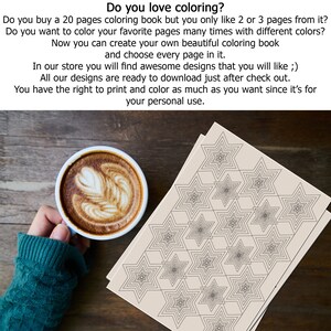 Pode incluir: Uma x&iacute;cara de caf&eacute; com arte latte ao lado de p&aacute;ginas para colorir com padr&otilde;es de estrelas. O texto na imagem diz: "Voc&ecirc; ama colorir?" e descreve um livro para colorir com designs para download.