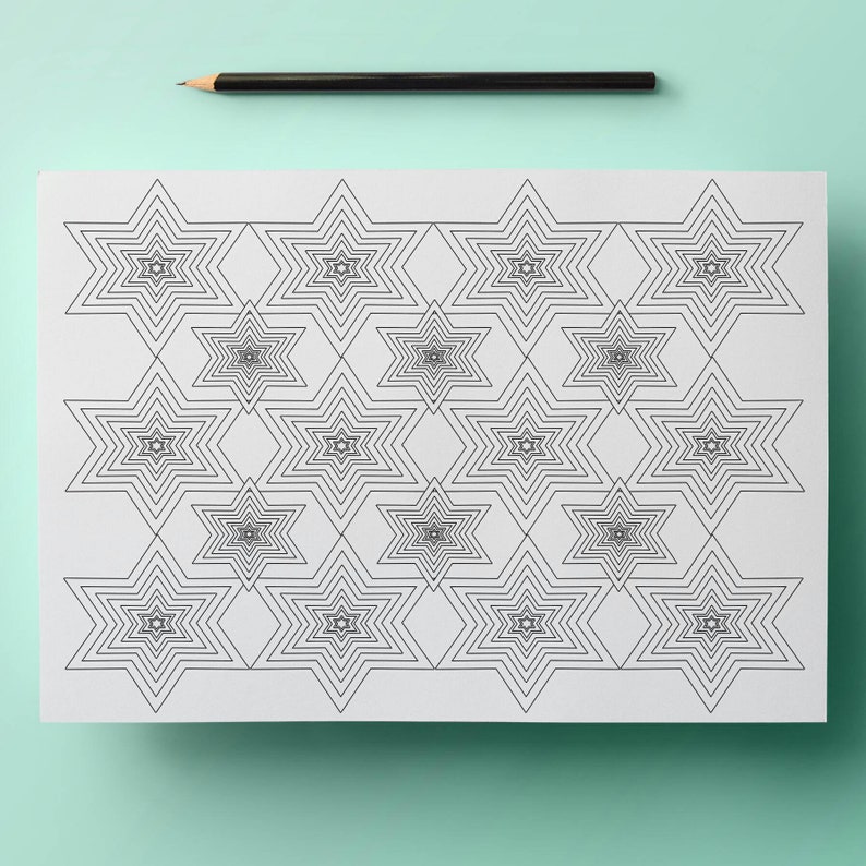 Pode incluir: Uma folha de papel branca com um padr&atilde;o repetido de formas de estrelas pretas. Um l&aacute;pis preto repousa no topo. As estrelas t&ecirc;m um design em camadas, criando um efeito 3D. O fundo &eacute; de cor verde-azulado claro.