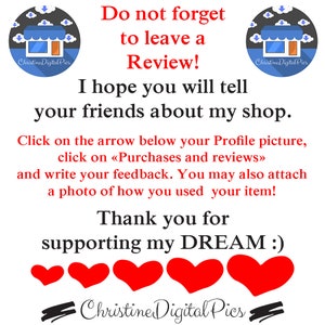 May include: White background with red text that says "Do not forget to leave a Review!" and "Thank you for supporting my DREAM :)". Includes shop logo and instructions on how to leave a review.