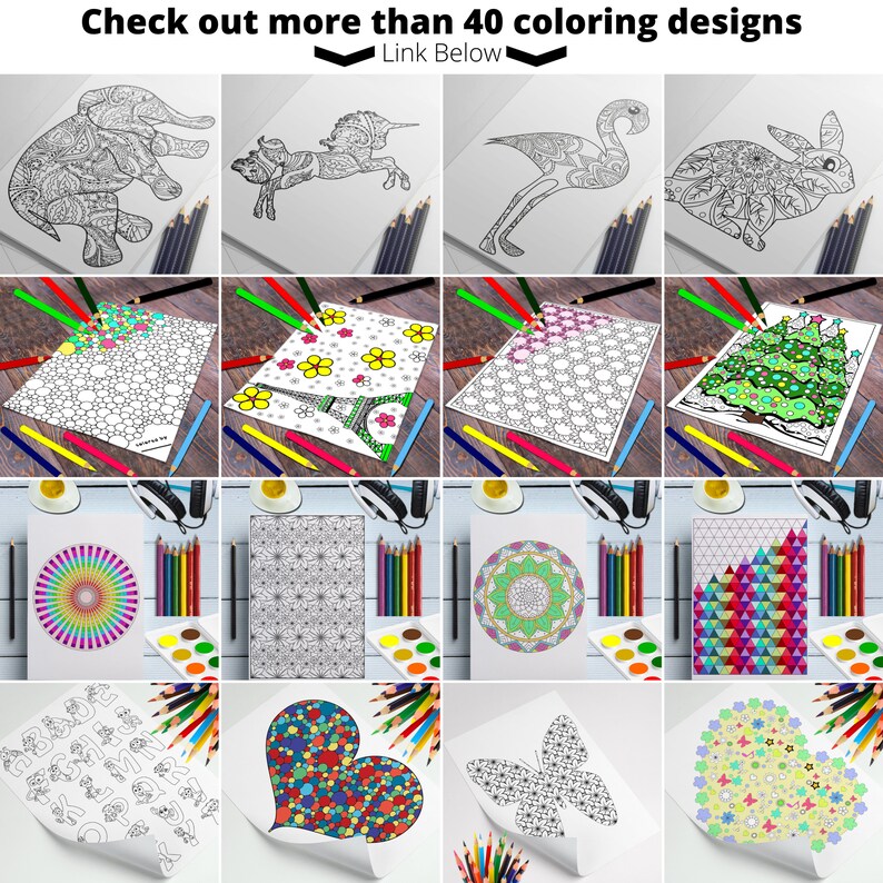 May include: A collection of coloring designs, including animals, mandalas, and patterns. The image shows various designs with colored pencils and watercolor palettes. Text reads: "Check out more than 40 coloring designs Link Below."