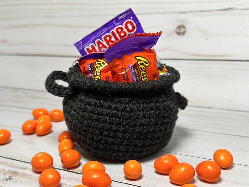 Mini Candy Cauldron crochet pattern listing photo by 5LittleMonstersShop