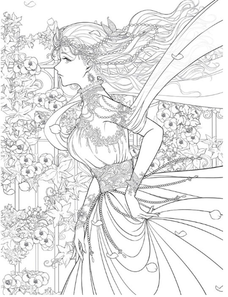 花と萌え娘動漫線稿手絵塗色集大人の塗り絵/花与萌娘动漫线稿手绘涂色集 | Etsy