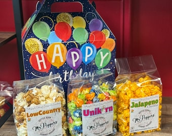 HAPPY BIRTHDAY or Other Themed Gable Box with Three (3) Gourmet Popcorn Regular sized Bags Inside