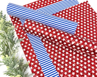 4th of July Faux Leather Sheets: Red Glitter Stars & Blue Stripes
