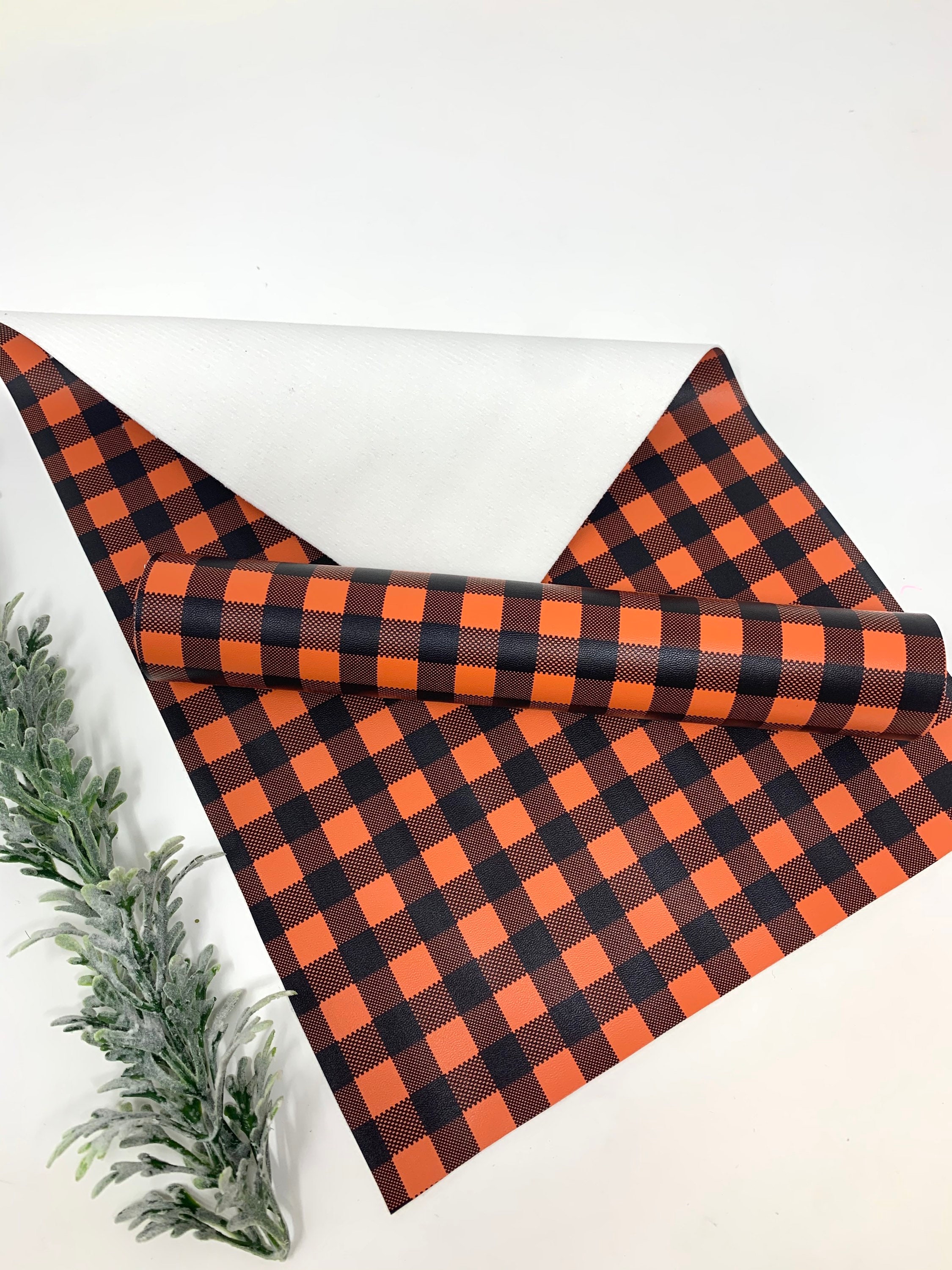 ORANGE/BLACK plaid designs faux leather sheets. Craft supplies. Leath…
