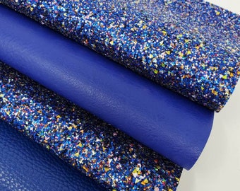 Multi color  blue glitter and litchi faux leather sheet. Glitter and faux leather craft and hair bow supplies