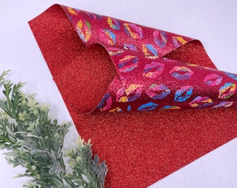 Red Glitter Faux Leather Sheet: Lips Design, Craft Bow Supplies